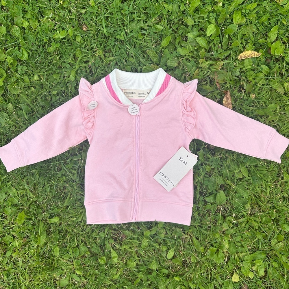 Paris Hilton Infant Girls Organic Cotton Pink Track Jacket Size 12M Ruffle NWT